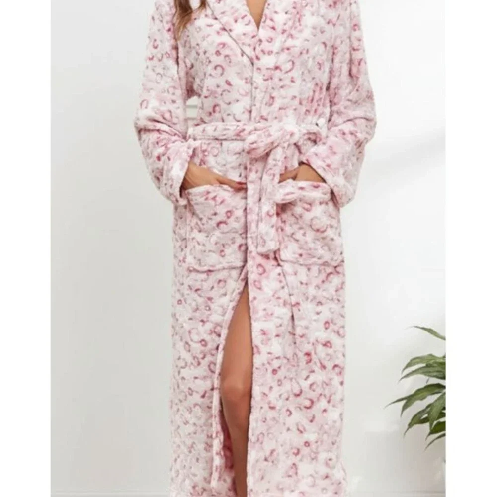 Women 2XL Pink White Print Soft Fleece Long Hooded Wrap Robe Warm Bathrobe Cozy